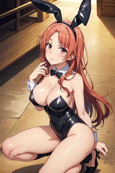 ((Highest quality, High resolution,  Pixel perfect,  4K)), (1 person),  (Beautiful Anime), 
Observe the audience, 
Perfect body, 

 Long Hair　,  Bright red hair　、No bangs　、　Forehead　、　Side part　、Super big breasts　、Erect nipples　、　Red eyes　、　Detailed eyes、L...