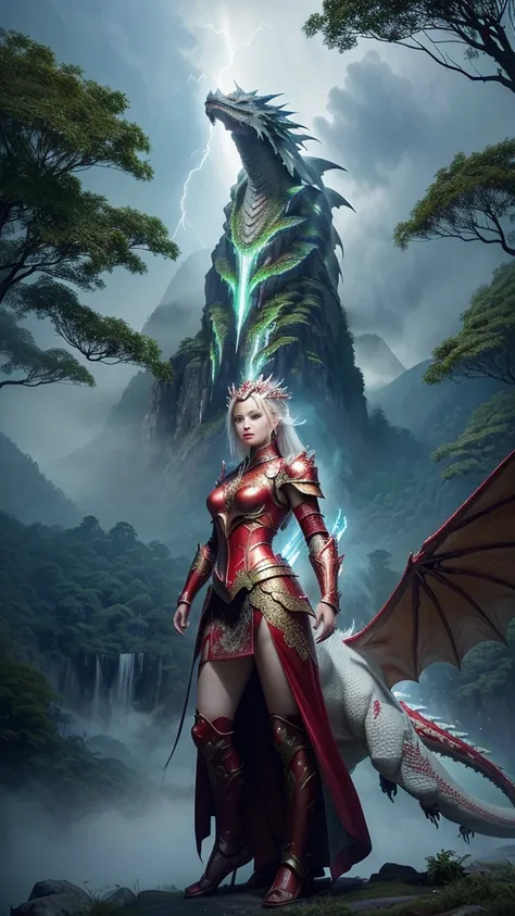 A picture of a beautiful young woman in bright red armor decorated with intricate Thai patterns. She stands next to a large white dragon with lightning flashing in the background. The atmosphere in the picture looks mysterious and intriguing. The dragon ha...