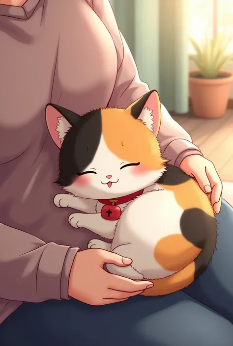 Anime Calico cat with red bell collar curled up with eyes closed in lap 