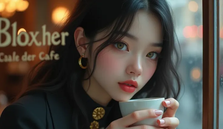 Portrait of a young woman drinking coffee in a café, seen through the window. The woman has an ethereal appearance, with fair skin, large greenish-grey eyes, and soft pink full lips. Her black, slightly wavy hair softly frames her face. She is wearing a da...