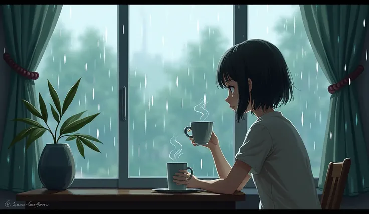 Rainy、Coffee by the window、Anime Style