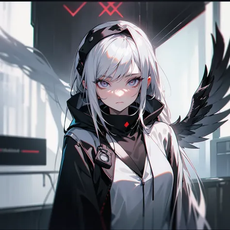 White hair, woman, female, looking at viewer, long hair, center part, dark silver hair,  White eyes, gradient eyes, with irises, fair skin, with black angel wings on back, black coat, black hood, black gloves, cyberpunk, inside, in the subway,