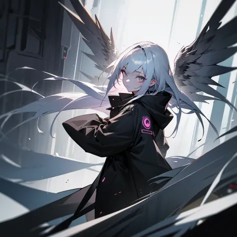 White hair, woman, female, looking at viewer, long hair, center part, dark silver hair,  White eyes, gradient eyes, with irises, fair skin, with black angel wings on back, black coat, black hood, black gloves, cyberpunk, inside, in the subway,