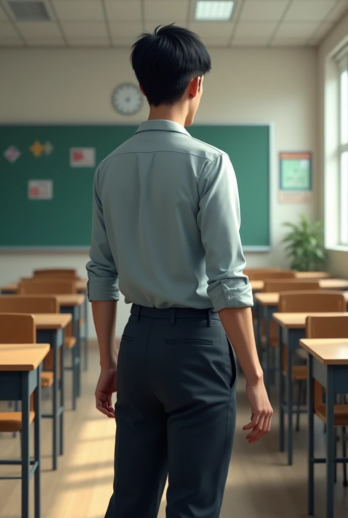 A male student who is cleaning the classroom with his back turned