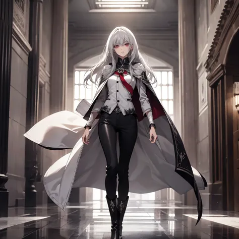 (Confused, High resolution, Very detailed), 1 female, Silver Hair,Long Hair,Crimson Eyes,Black and white clothes,27th generation,beauty,mature,thin,quiet,A soft smile,Cape,Slender and thin,boots,skinny pants,lobby,Small breasts,