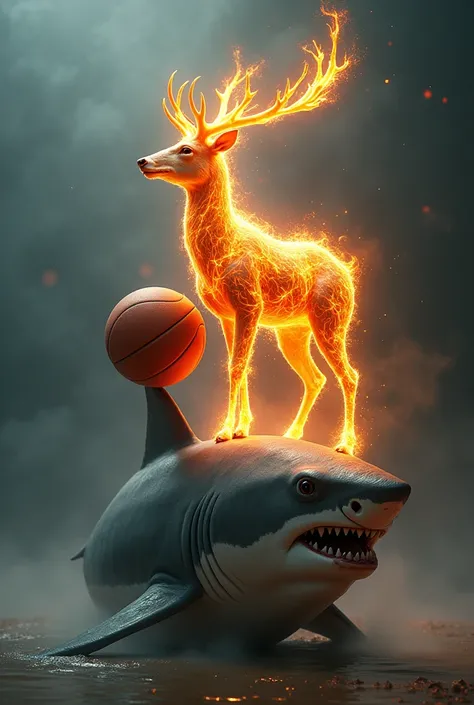 A deer on fire on a shark holding a basketball 