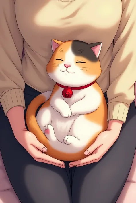 Anime Calico cat with red bell collar curled up with eyes closed in lap 