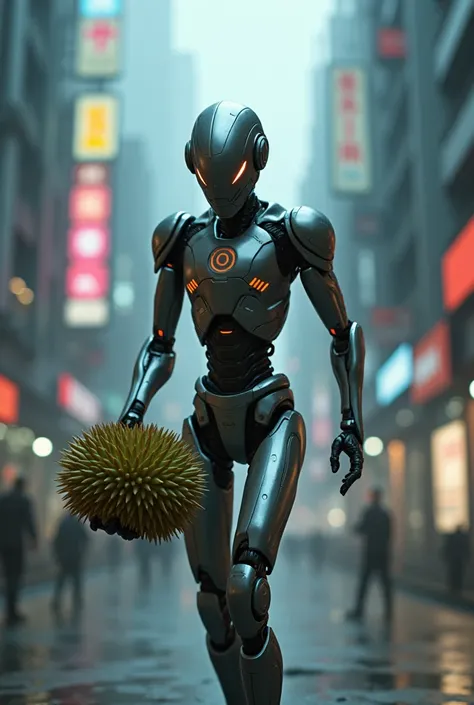 a robot being chased by a telegram while holding a durian, create image in 1:1 format