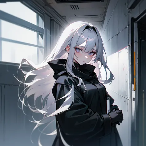 White hair, woman, female, looking at viewer, long hair, center part, dark silver hair,  White eyes, gradient eyes, with irises, fair skin, with black angel wings on back, black coat, black hood, black gloves, cyberpunk, inside, in the subway,