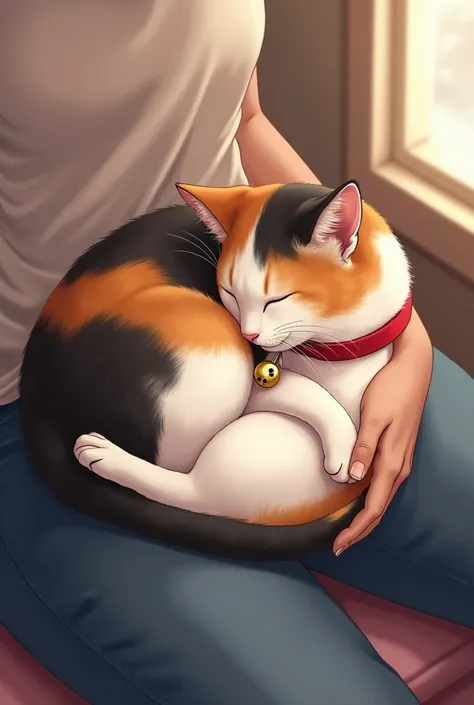 Anime Calico cat with red bell collar curled up like a ball in humans lap, with eyes closed and its paws tucked under it. 