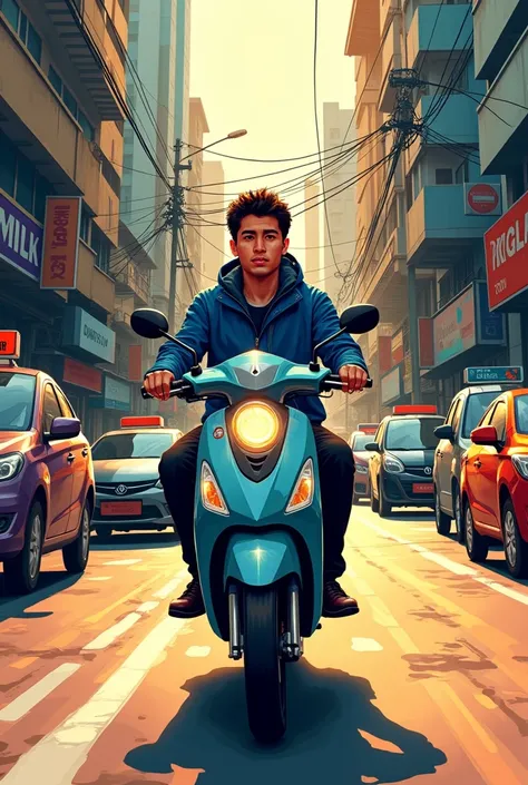 a detailed illustration of a 3 Asian man from Indonesia, working as an online motorcycle taxi driver, wearing a blue jacket and black jeans, riding a moped through congested city traffic. The illustration captures the chaotic yet vibrant atmosphere of the ...