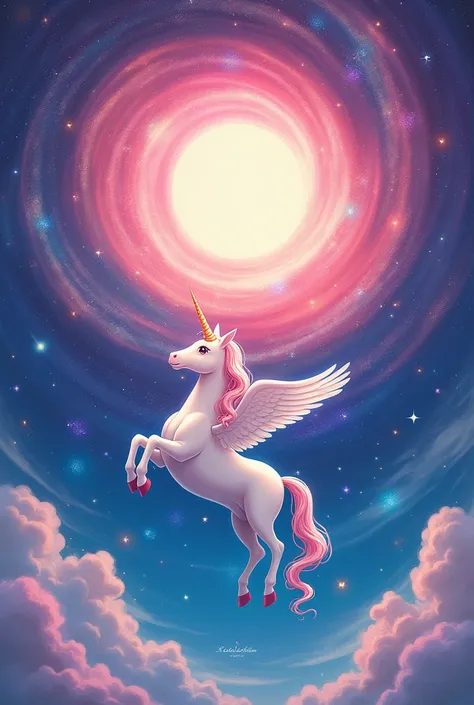 Ghibli style、Unicorn Pegasus、Pink、universe、shooting star、Fantasy、Descending into the sun