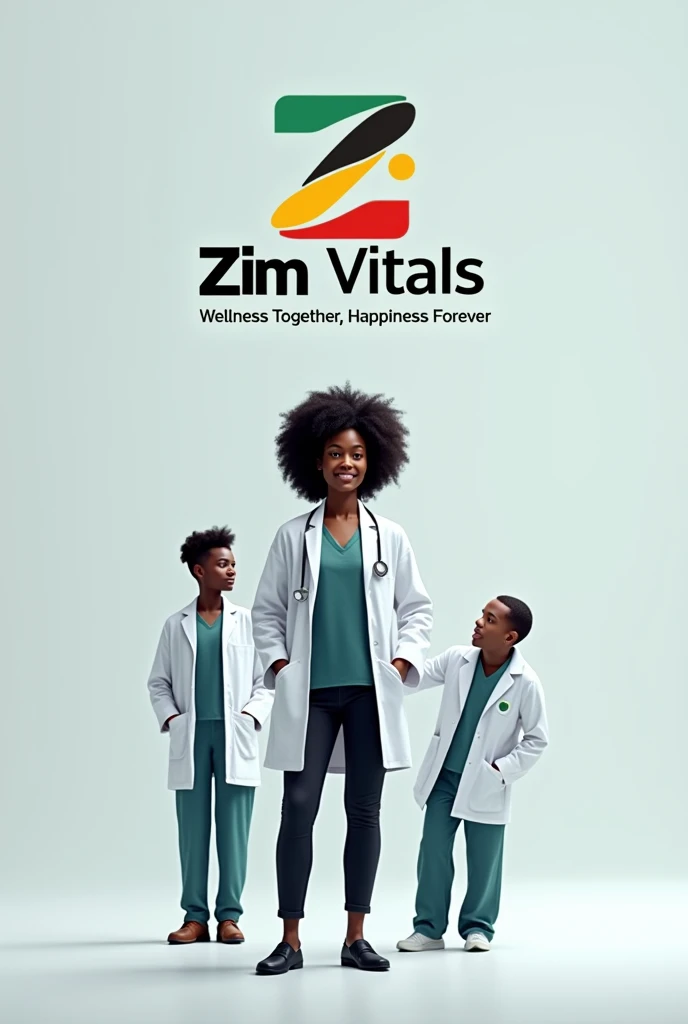 I want a logo for a health channel called ZimVitals, with motto "Wellness together, happiness forever". With a photorealistic black doctor with a patient in the background. Put a Z which has green, yellow, red and black in that order.