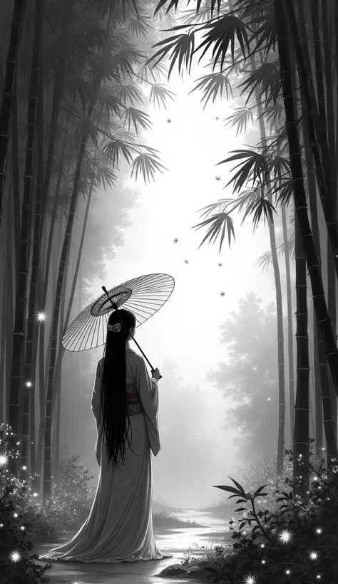 dynamic ink painting of a bamboo grove, black and white,monochrome, great art, great sense of depth, ground level shot, the most beautiful bamboo grove in the world, bamboo leaves shining through rainwater, moon(pale blue) with a light overcast, beautiful ...