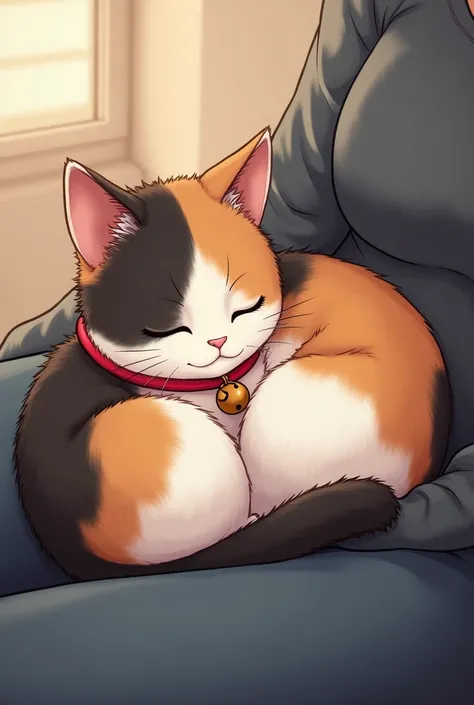 Anime Calico cat with red bell collar curled up like a ball in humans lap, with eyes closed and its paws tucked under it. 