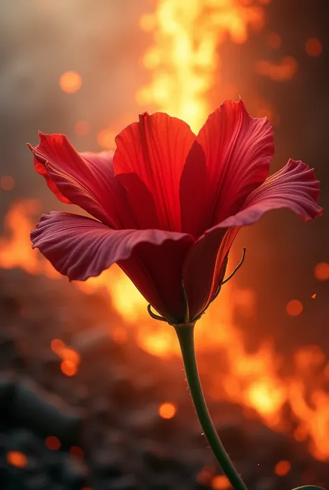 (photorealism:1.2), a red flower falling down in the inferno
