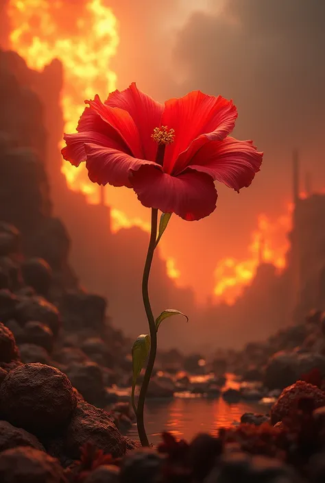 (photorealism:1.2), a red flower falling down in the inferno
