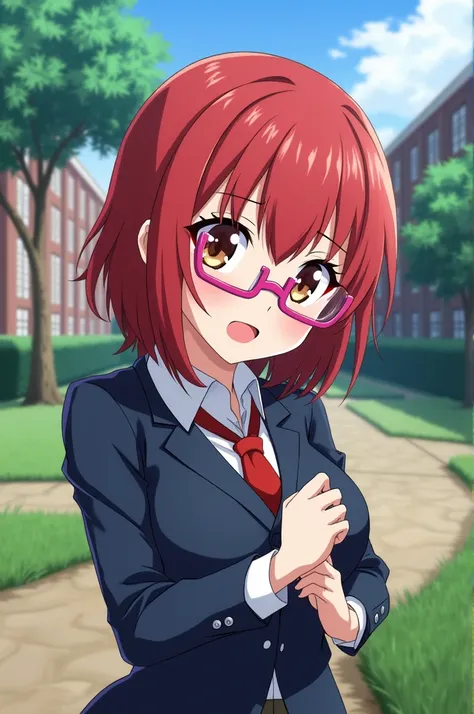 character, ua student girl from my hero academia, with his student outfit, shoulder length reddish hair, White skin, dark brown eyes, square pink glasses with silver, hugged by the waist by Katsuki Bakugou 