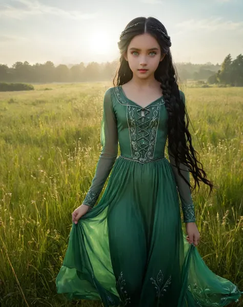 Graceful witch england girl standing in meadow, severus snapes daughter, (((11years old))), black hair, green eyes , Delicate face illuminated by the soft light of the setting sun. Her long, Flowing hair runs down your back, Decorated with intricate braids...