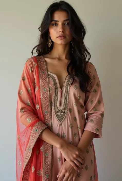 There a woman isma young beautiful Indian woman Wearing salwar kameez and dupatta, face features like Katrina Kaif, Standing looking into the camera, portrait causal photo.. Realism, Realism, Portrait 