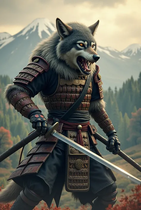 Athropomorphic wolf in samurai armor with a katana in a defensive position
