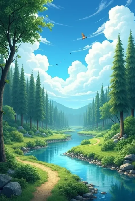 Natural scenery with all the elements of trees, earth,water and sky 