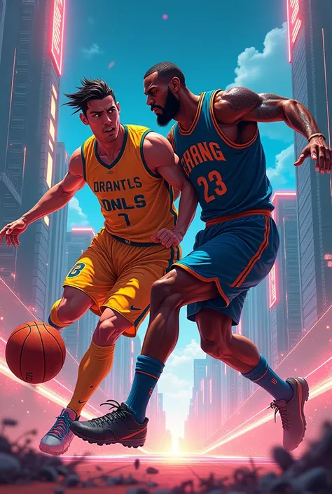 Create a photo of Cristiano Ronaldo with LeBron James anime , action and aesthetic