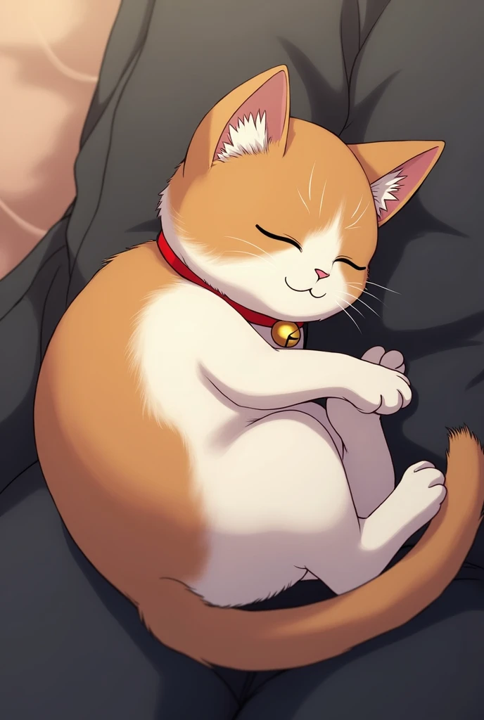 Anime Calico cat with red bell collar curled up like a ball in the lap of Nakahara Chuuya from Bungo Stray Dogs, with eyes closed and its paws tucked under it. 