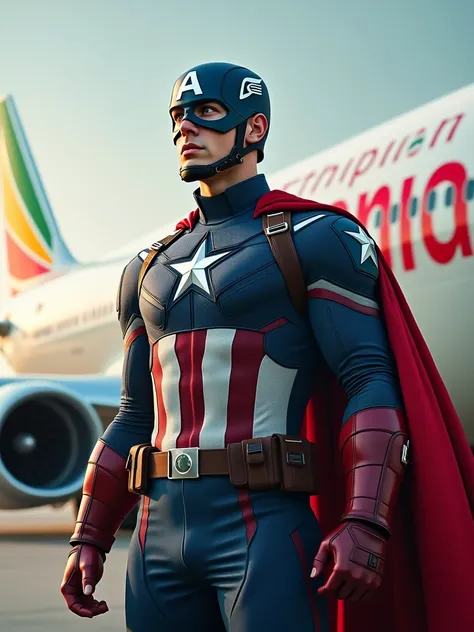 capitain America dressing ethiopan flag and standing firm infront of Ethiopian airlines  plane and the halmet have E letter and ethiopian flag at his back