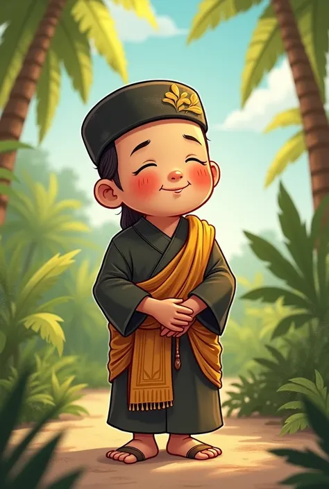 Can you make a picture of a cute character? , lazy, black cap worn yellowish, Sarong cloth is made into a sash, dressed in Malay clothing, named Abi Mawas