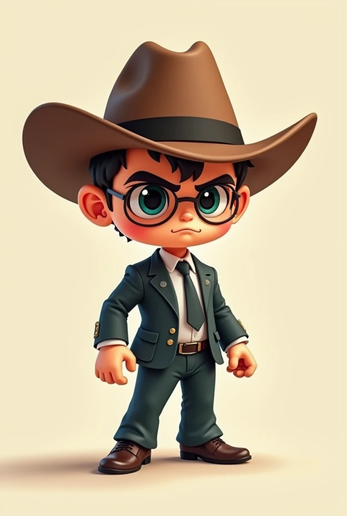 Cartoon of a small male doll, looking like a special agent and on his head a cowboy hat 