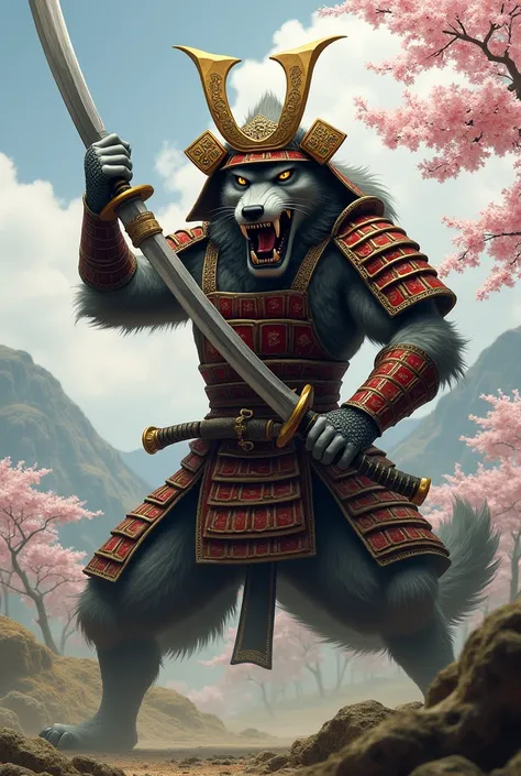 Anthropomorphic wolf in samurai armor with a katana attacking