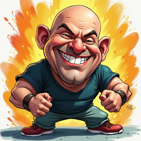 Caricature of bald man, laughing, joy, fighter