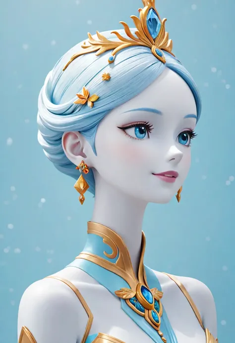 beautiful girl、White skin, Silver Hair, Blue eyes、profile、smile、The snow queen、bangs、Smooth Hair、Earrings、hair ornaments、gem、(((Light Blue Background, )))、 ((Pixar Style))、Upper Body、Small image、