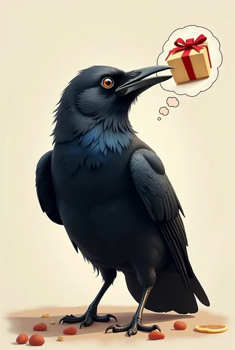 The crow, now sitting contentedly with a piece of sweet in its beak, appears surprised and pleased. A thought bubble or visual cue can show the crows imagined best gift scenario