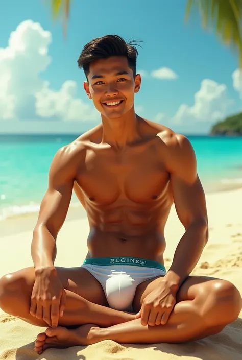 (photorealism:1.2), handsome asian boy, shirtless, only wear undies, big bulge, sitting on the beach