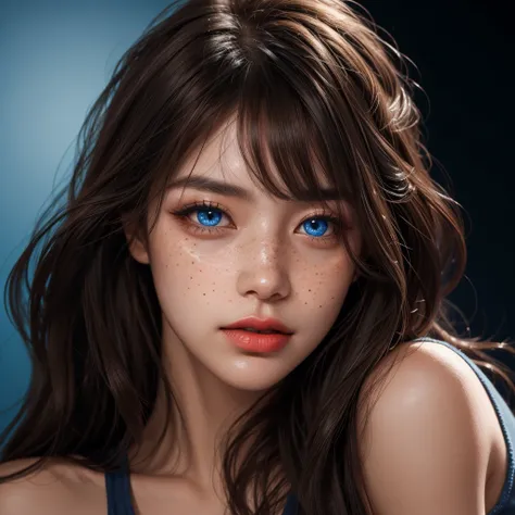 1 girl, 2, Japanese, 4k, realistic, soft skin, texturized skin, long whavy brown hair with blue face and bangs, shining blue eyes, blue eyeliners, shining red lips, freckles, black tank top, black background, portrait, face focus, close up, bright colors, ...