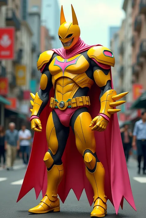 Create superheroes suit look alike batman yellow pink red colour  full body armour laugh face expression 