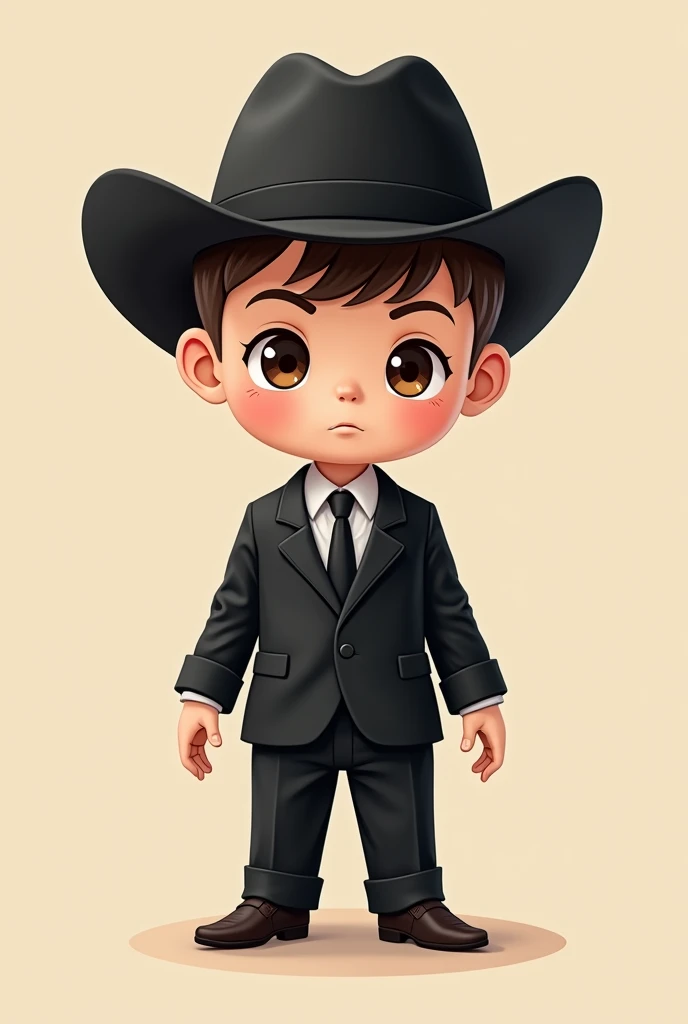 Cartoon of a small male doll, with light brown eyes and looking like a special agent in a black suit, on his head a cowboy hat