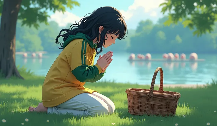 A schoolgirl in prayer, beate white schoolgirl coat pants, and yellow tracksuit jacket and green sleeves, she has black curly hair , she is kneeling on the lawn next to the picnic basket hyper realism, in the background a lake and the boys out of focus