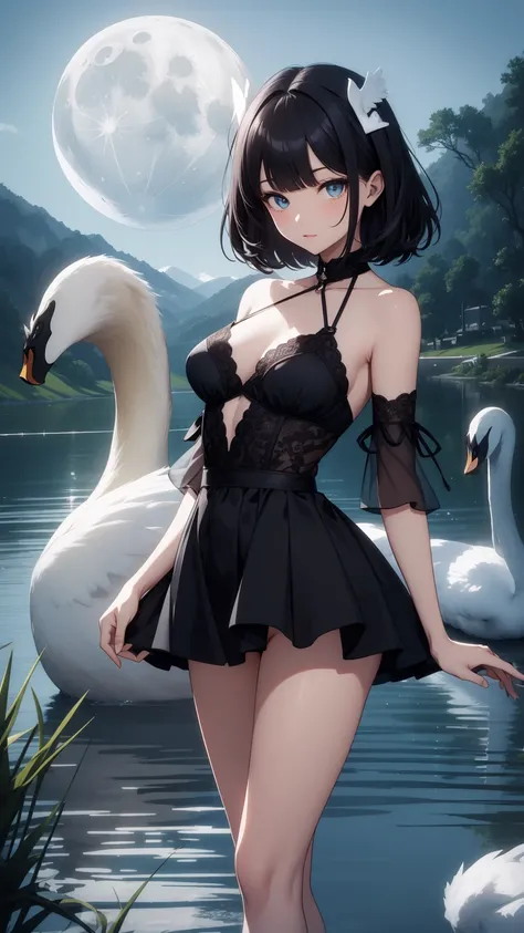 Highest quality, flying debris、Beautiful woman、Black Hair、(Dark blue eyes、Blunt bangs、Blunt bangs)、short hair、beginner,Full body portrait、break(Ballet Dancer、Ballet Dress、Tutu skirt:1.2)、break(((The lake of swan、Moonlit Night:1.3))),Big Breasts、((The fog i...