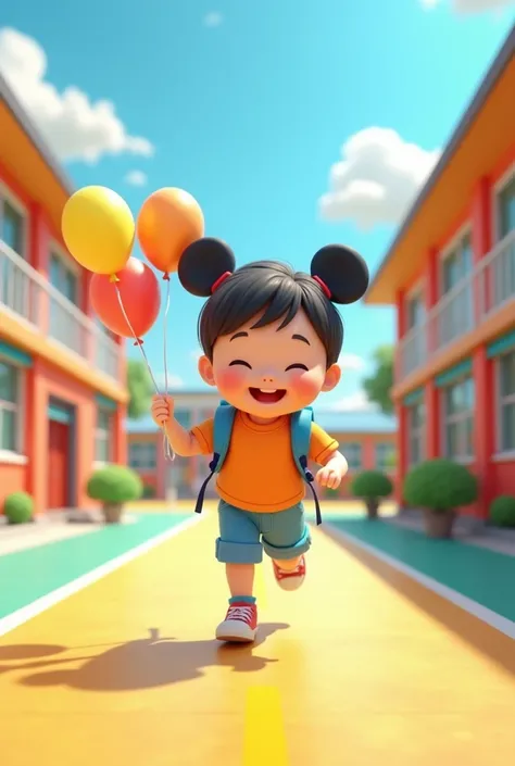 Cute little kid with a school bag running on the playground, kid holding balloons, school buildings left and right, yellow runway on the ground, beautiful clothes, colorful, blue sky and white clouds, surrounded by school buildings, school background , dre...