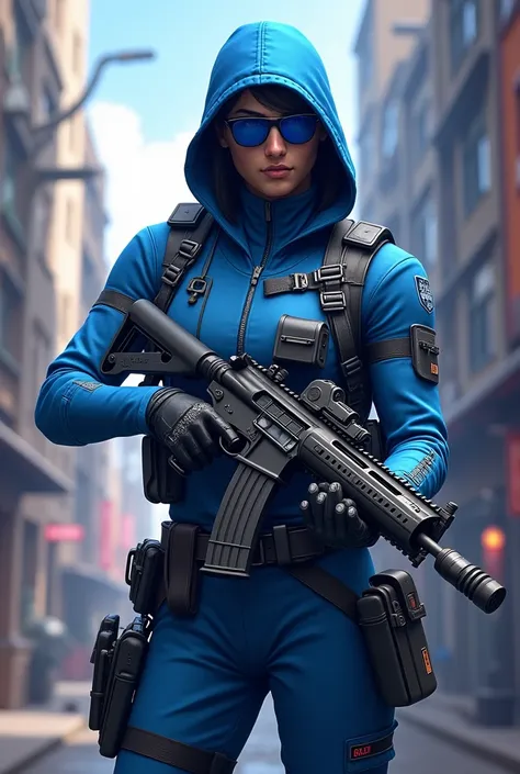 Freefire game character wearing blue elite pass .
 On hand cobra MP40 gun max  in game there is in full Aggressive in barmoda mode in clock tower 