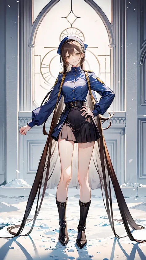 a girl,,standing in snow,long brown hair,very slim,skinny,wearing uniform,thin waist,short skirt,baring legs,wearing short black boots