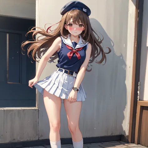 Browsing Caution, (8k、Best image quality、Highest quality、masterpiece)、Detailed face、Detailed Background, Improve,(A beautiful woman:1.5), (Light brown hair:1.3), Long Wavy Hair, Blunt Bang, (Brown eyes:1.2), big , (Sleeveless white shirt:1.5), (Sailor coll...