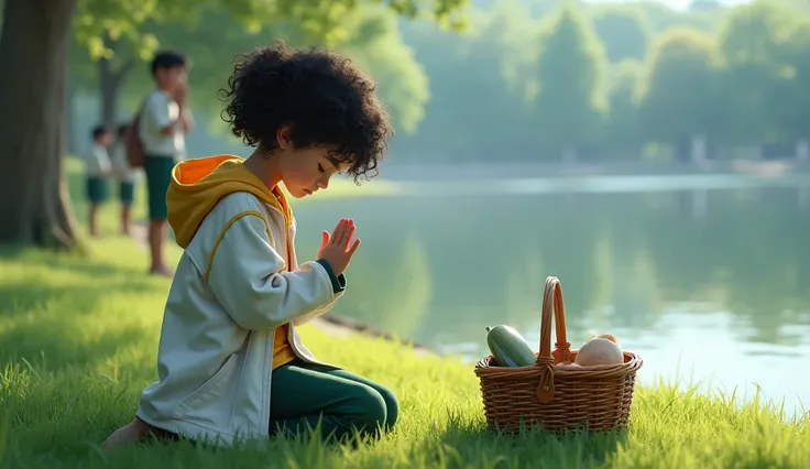 A schoolgirl in prayer, wears white school coat pants, and yellow tracksuit jacket and green sleeves, she has black curly hair , is kneeling on the lawn next to the picnic basket, ((hyper realism)), in the background a lake and the boys out of focus