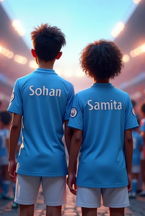 The boy Sohan and the girl Samita are the fan of mancity football club..they wearing mancity football club jersy. there name showing there jersy