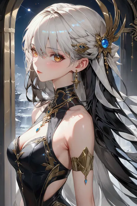 Long smooth straight black hair, inner colored white hair, golden eyes, slender and athletic built, genshin themed clothing, masterpiece, super detail, best quality, 8k,semi-realistic