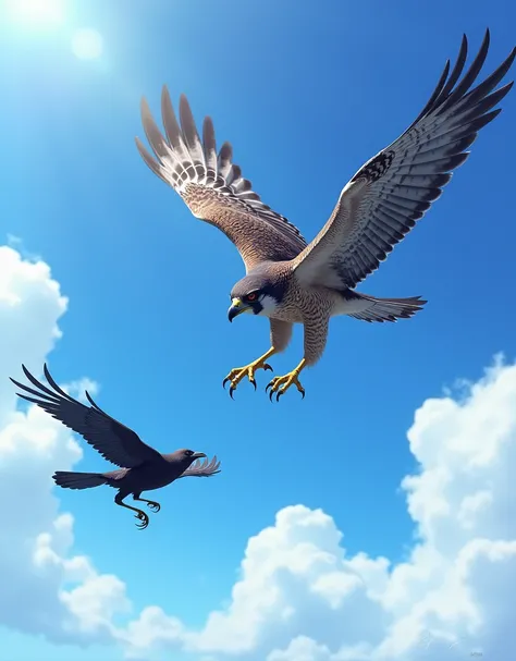 Create a realistic image of a Peregrine falcon chasing a crow in the sky. The Peregrine falcon is in mid-flight, with its wings spread wide and eyes focused sharply on the crow ahead. Its talons are extended, ready to strike, showcasing its speed and agili...