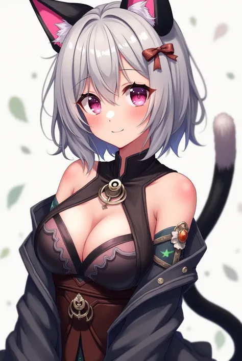 Anime style, masterpiece, greatest anatomy, detailed anatomy, 16YOgirl, 1girl, catgirl, bob style hair, gray color hair, gray eyes, Black cat ears with pink inside, detailed cat tail, round breast, sexy, light smile, blushed, look at viewers, collarbone, a...